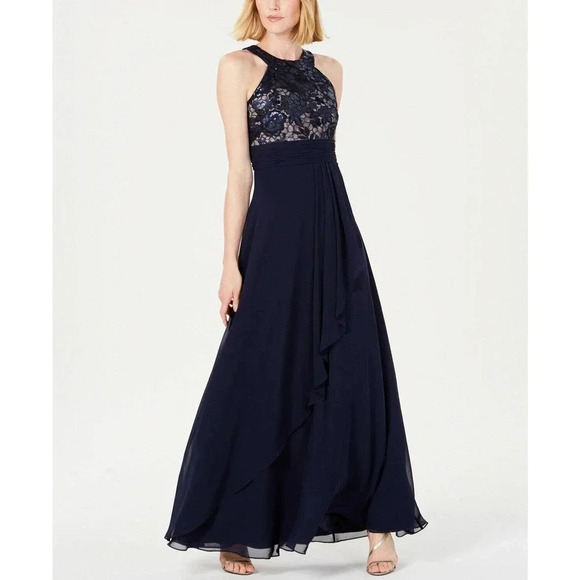 Calvin Klein Navy Blue High Neck Sleeveless Sequin Maxi Formal Gown Dress NWT - Picture 1 of 12